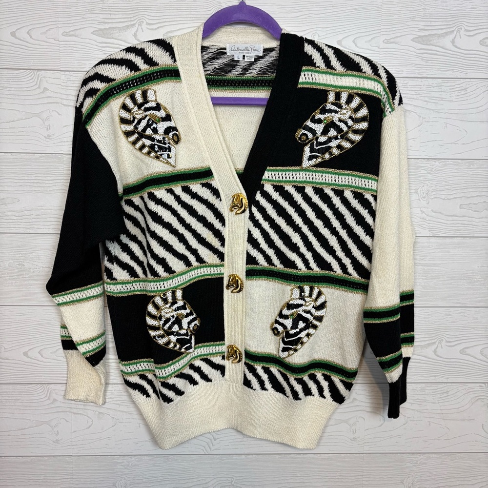 Vintage Antonella Preve Zebra Sweater Cardigan Flashy 80’s Size Large Beaded